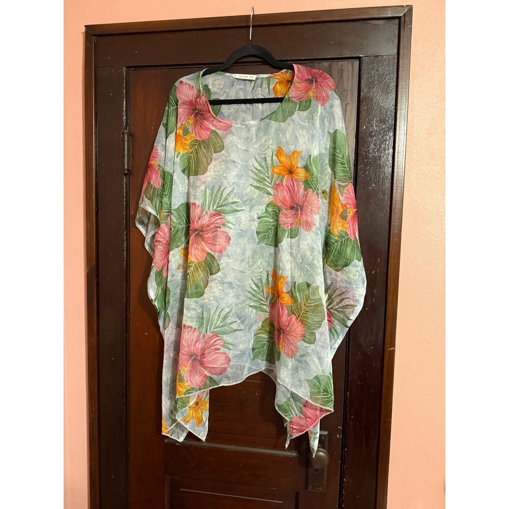 Salty Lemon Tropical Hibiscus Floral Poncho Sheer Blue Pink One Size OS
